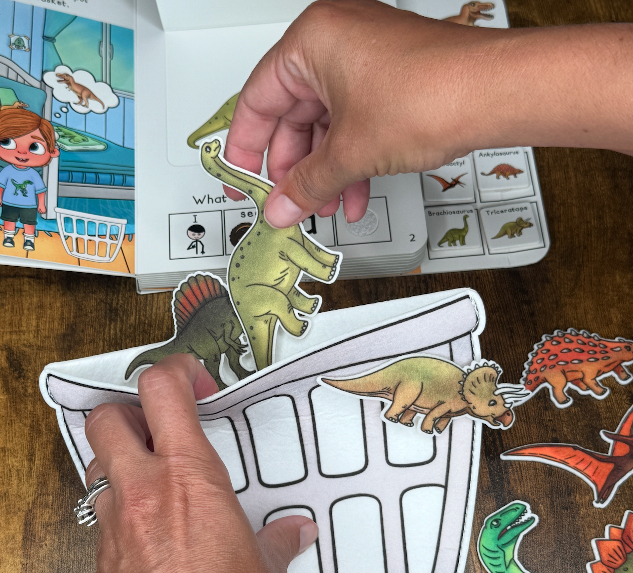 Felt Story Companion Set for Time to Rest T-REX~ Felt dinosaurs and basket (from book)