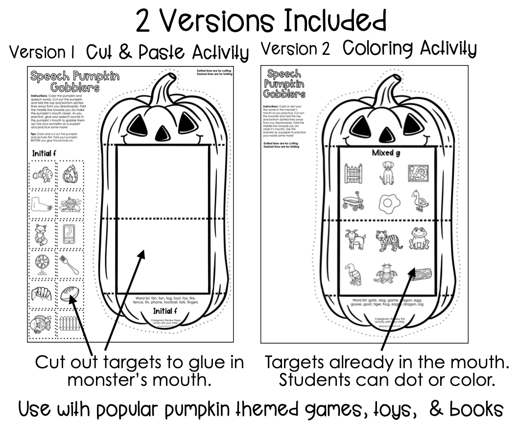 Speech Pumpkin Gobblers for Speech Therapy ~ Articulation and Language No Prep One Page Craft
