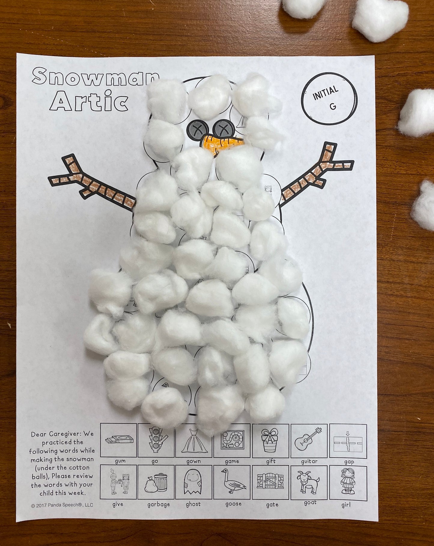 Snowman Articulation and Language! Speech Therapy Cotton Ball craft