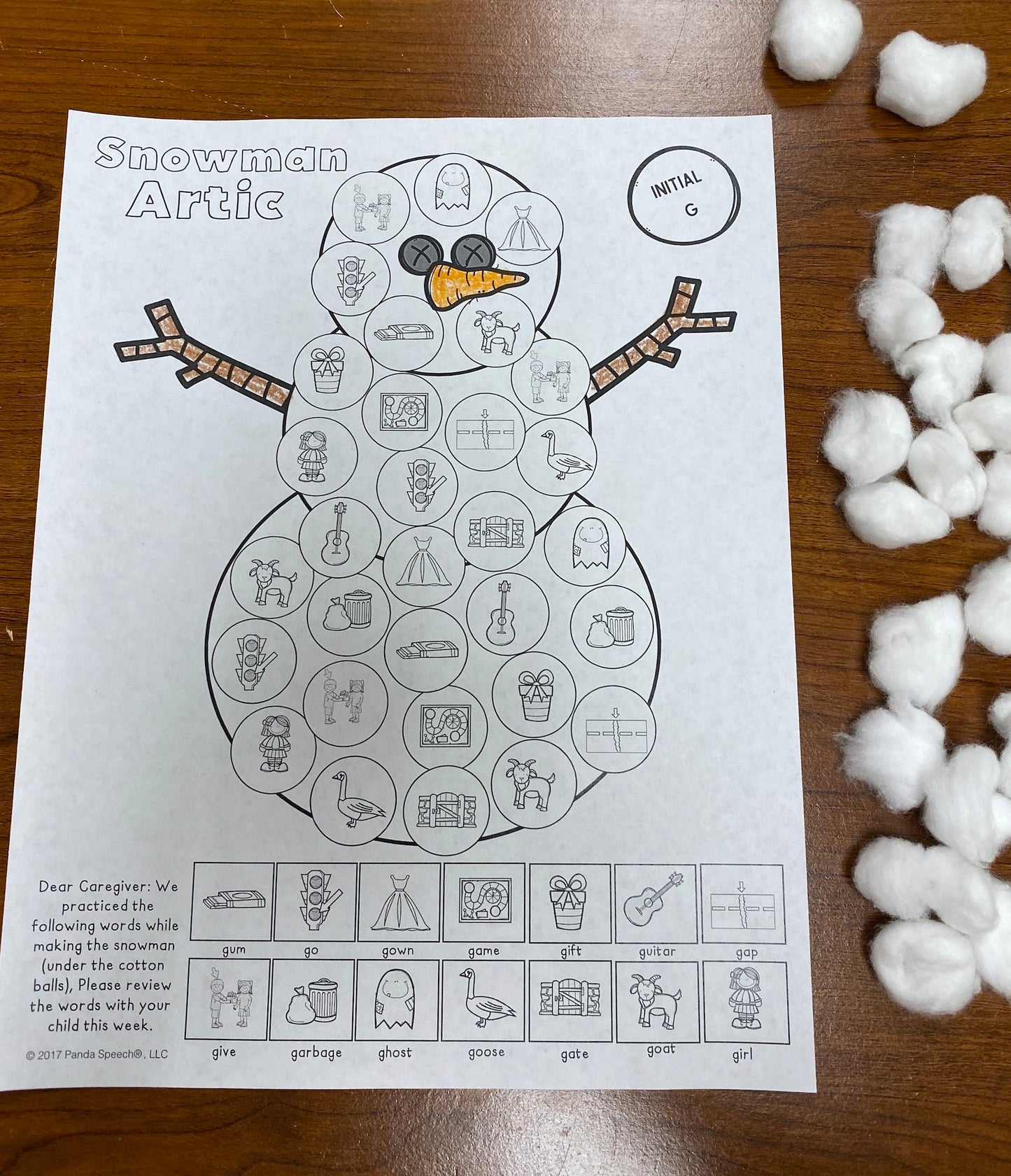 Snowman Articulation and Language! Speech Therapy Cotton Ball craft