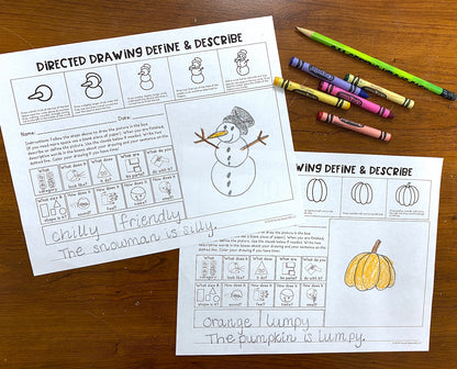 Seasonal Directed Drawing Define & Describe  ~ Print & Go for Speech Therapy + digital options