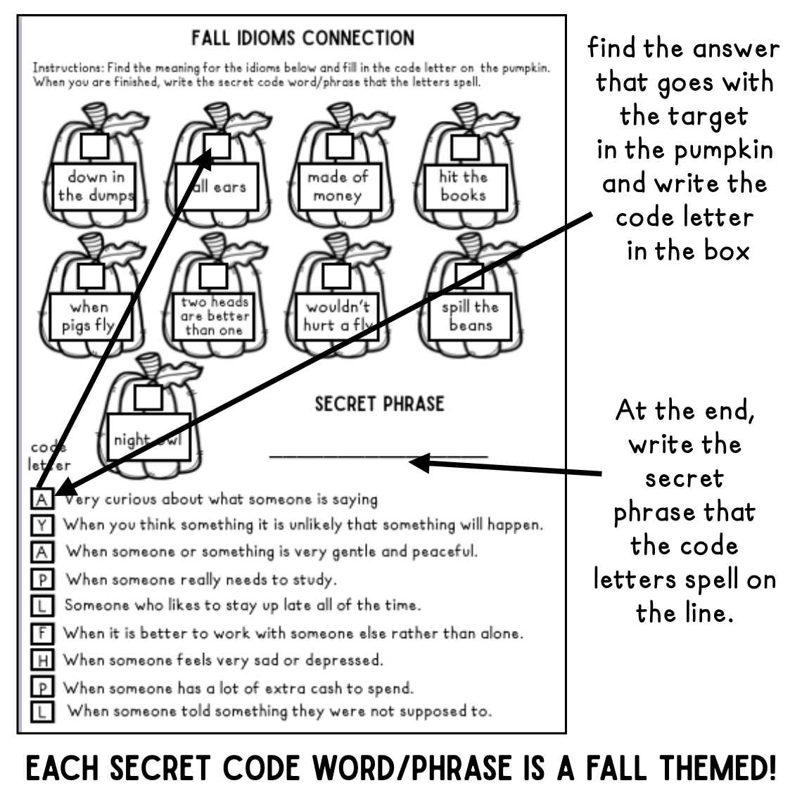 Fall Language Connections ~ Find the Secret Phrase ~ Speech Therapy Vocabulary Activity