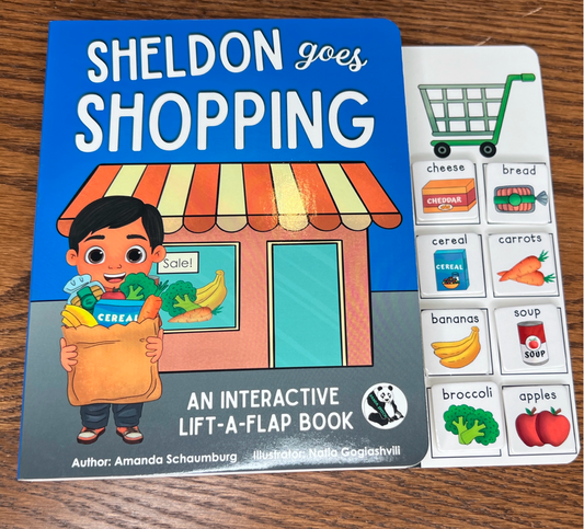 *OUT OF STOCK (restock MARCH 2024) : Sheldon Goes Shopping Lift-a-Flap Board Book + bonus printables