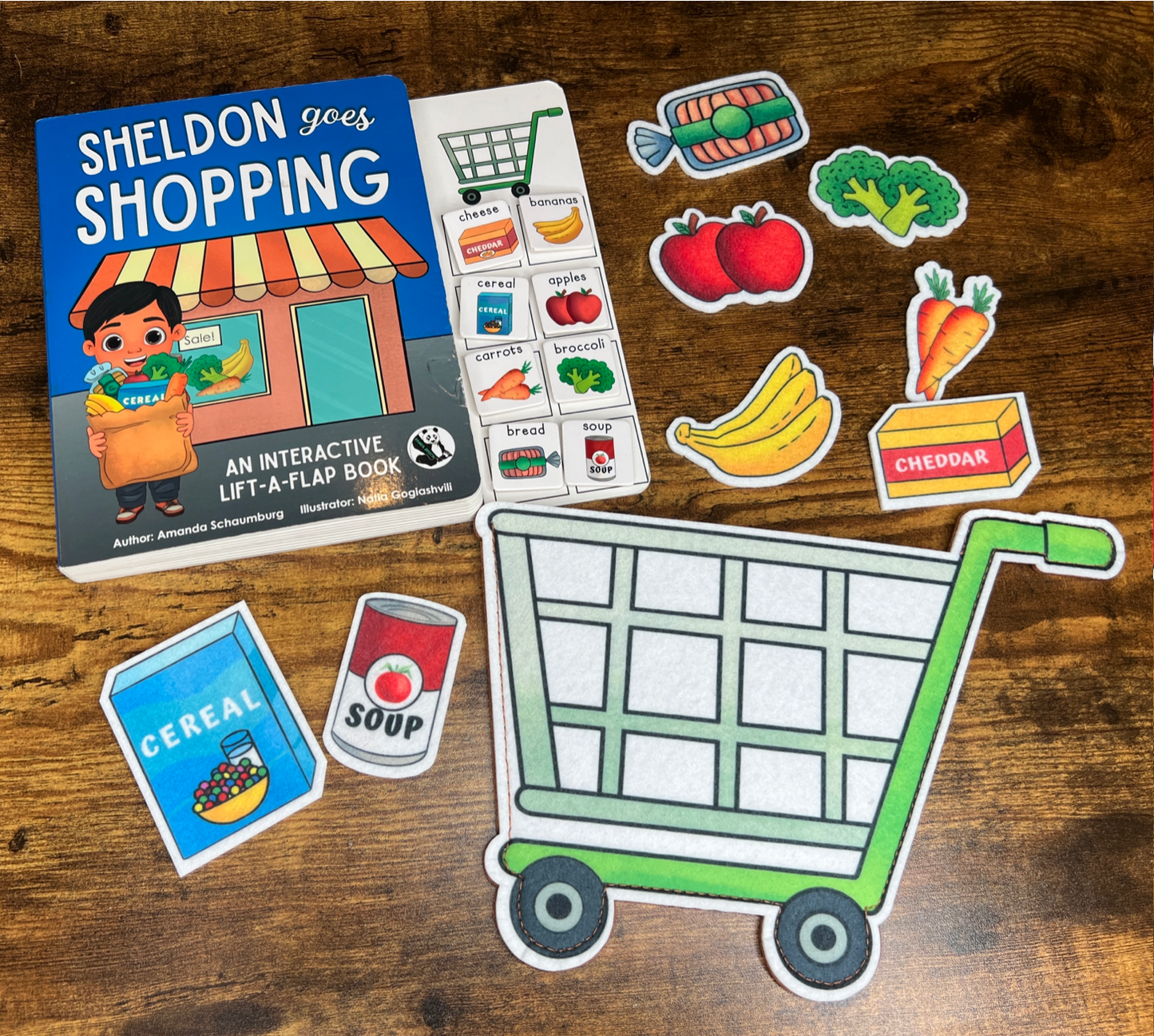 Felt Story Companion Set for Sheldon Goes Shopping~ Felt grocery cart and food (from book)