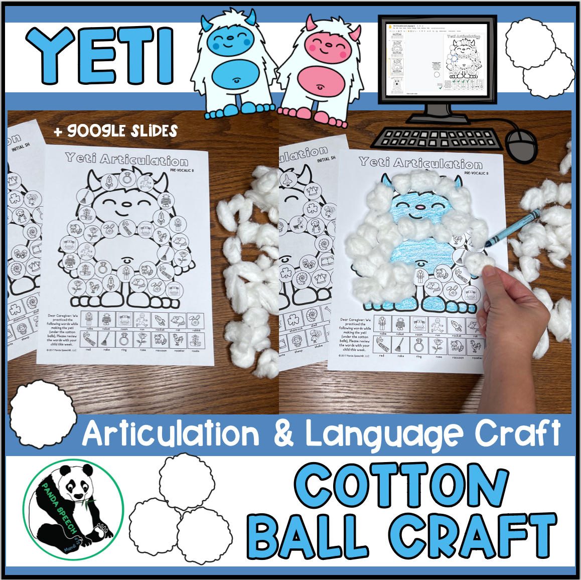 Yeti Articulation and Language! Speech Therapy Cotton Ball craft