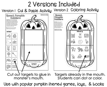 Speech Pumpkin Gobblers for Speech Therapy ~ Articulation and Language No Prep One Page Craft