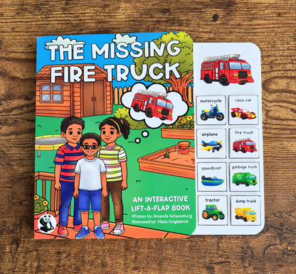 NEW The Missing Fire Truck ~  Lift-a-Flap Board Book + downloadable extras