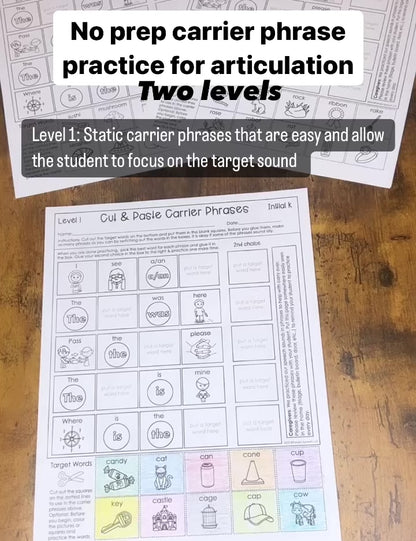 Carrier Phrase Cut & Paste for Articulation 2 levels ~ Print & Go