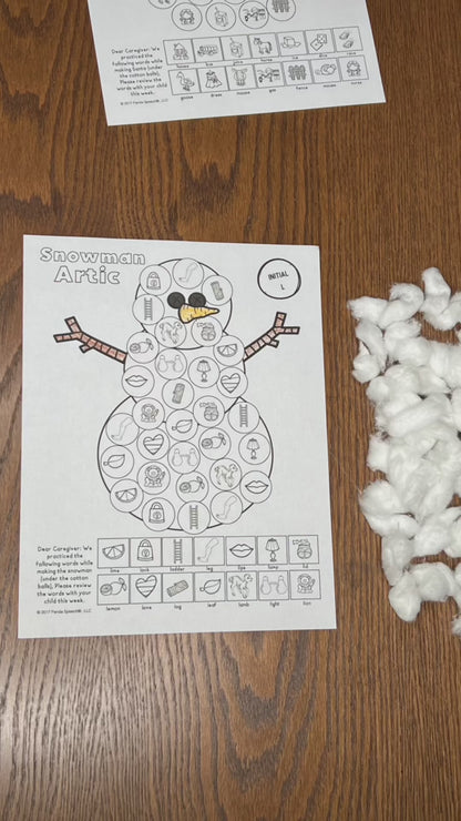 Snowman Articulation and Language! Speech Therapy Cotton Ball craft