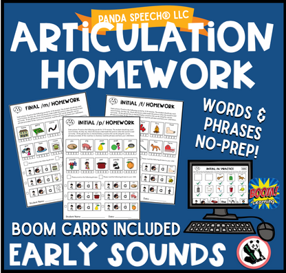 Articulation Homework Early Sounds: Words & Phrases + BOOM Cards